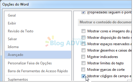 opcoes avançadas word